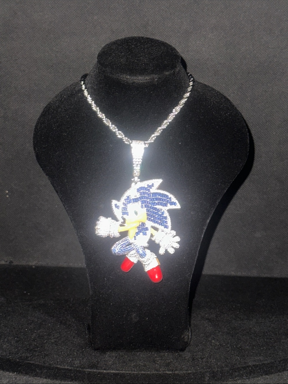 Silver Tone Blue & Red Sonic Pendant Necklace